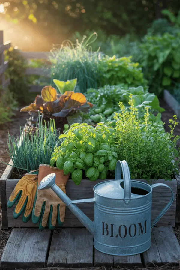raised-garden-bed Raised garden bed with basil, gloves, and watering can at sunrise, modern cedar planter box.