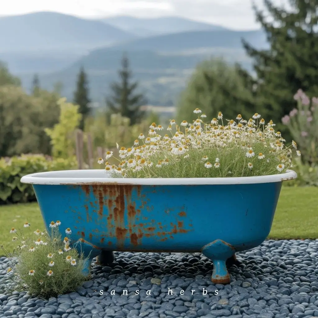 a backyard garden with an antique cast iron claw foot bathtub painted in bright blue inside the tub is chamomile plants