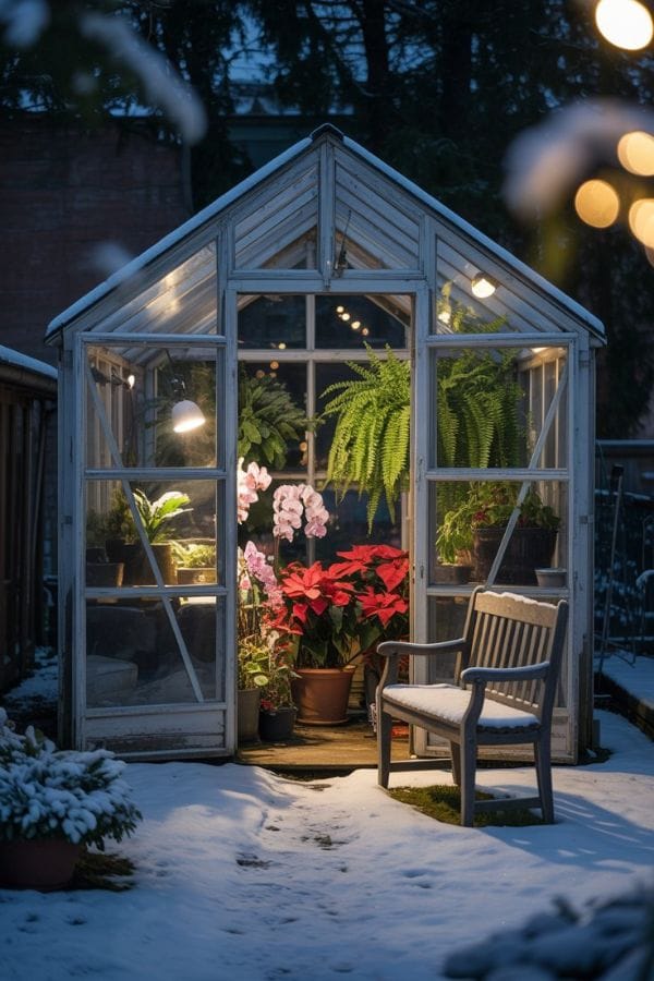 a-photograph-of-a-charming-snow-covered-greenhouse-at-night greenhouse at night
