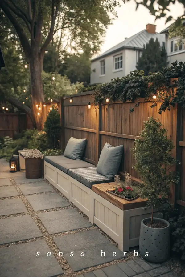 backyard-seating Storage bench in a small garden patio