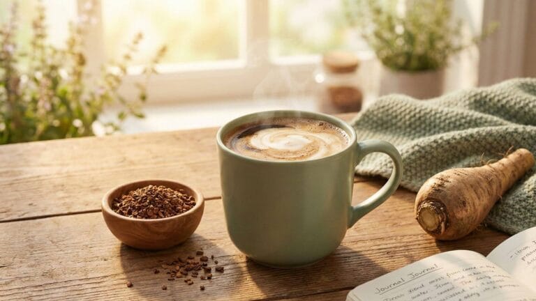 Cup of roasted chicory root for gut health alternative to coffee