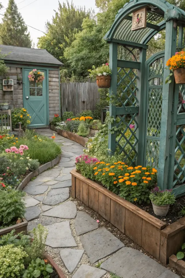 cottagecore-raised-garden-bed-path cottagecore raised garden beds filled with flowers