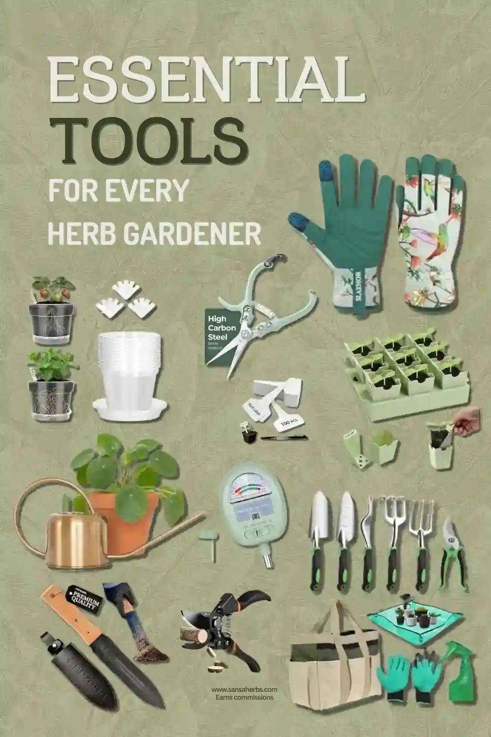 essential-gardening-tools collage of essential gardening tools for herb gardeners