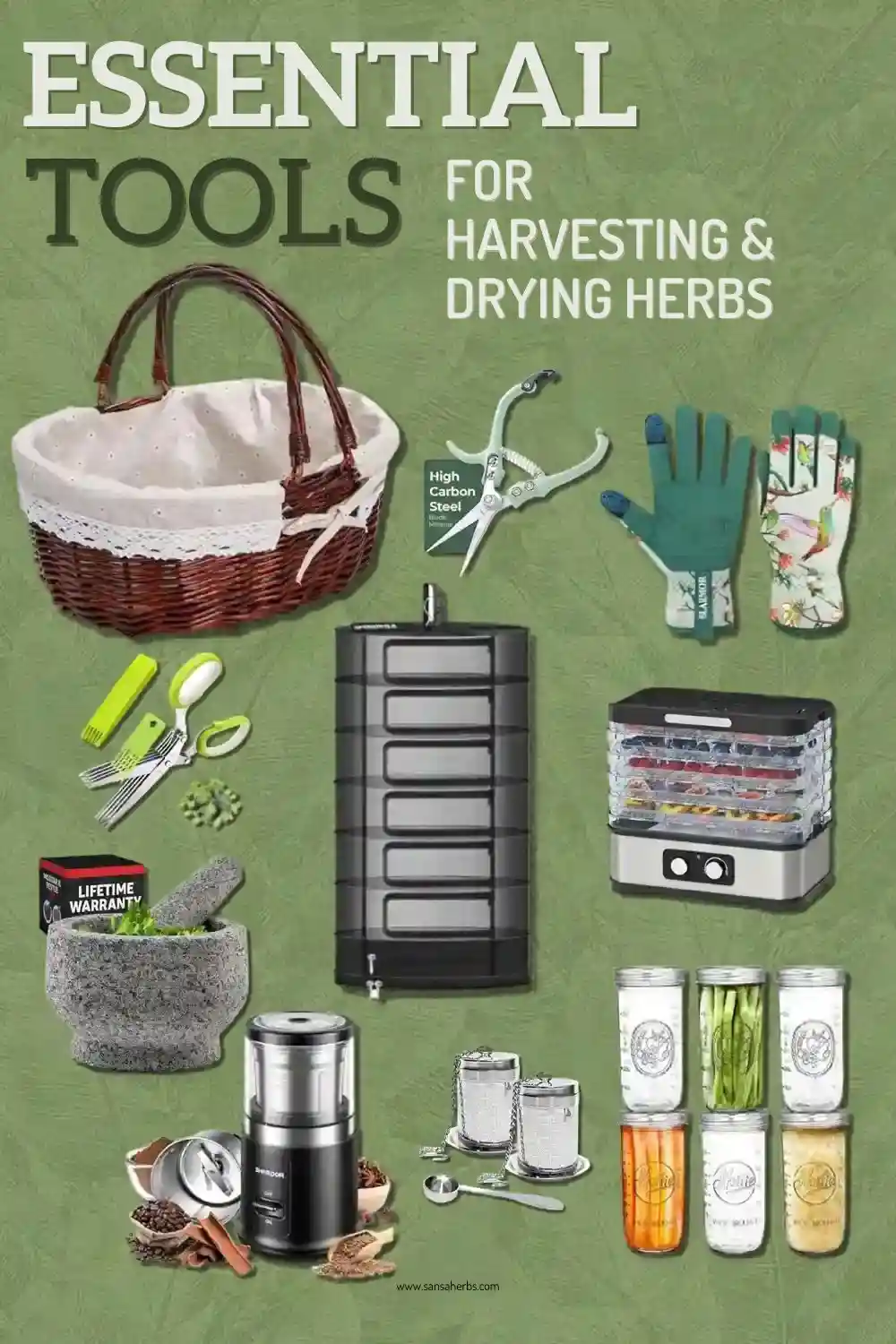 essential herb harvesting tools collage of essential herb harvesting tools, inclusive of harvesters basket, drying racks, dehydrator, grinder, storage