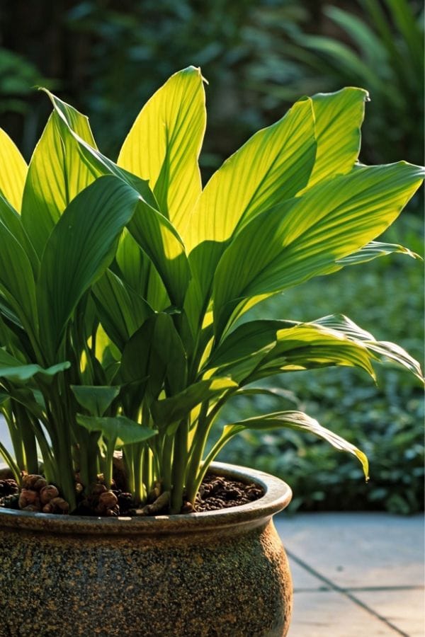 turmeric-decorative-pot Turmeric plant growing in a gold textured ceramic pot on a wooden table, styled in a warm indoor setting