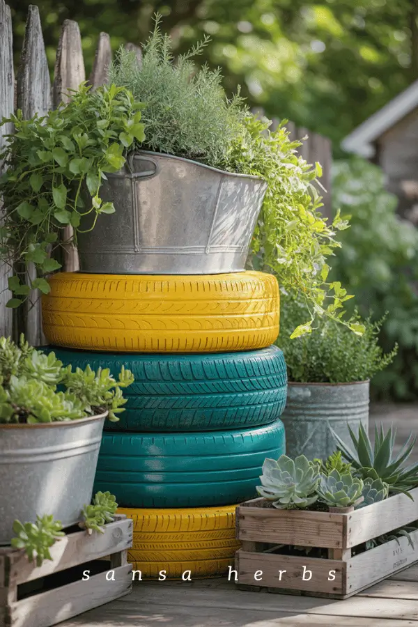 tyre-planters tires and old basins repurposed as planters